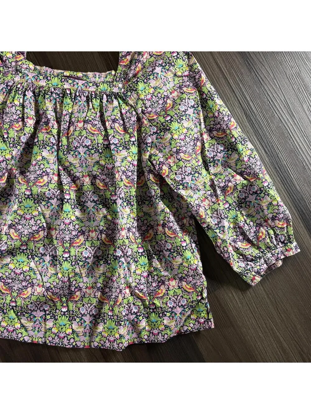 House of Liberty J Crew Sz 6 Floral Bird Print Top Squared Neck 3/4 Sleeves